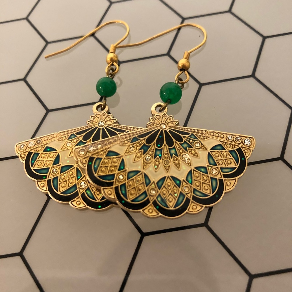 Emerald Green and Gold Art Deco Fan Earrings